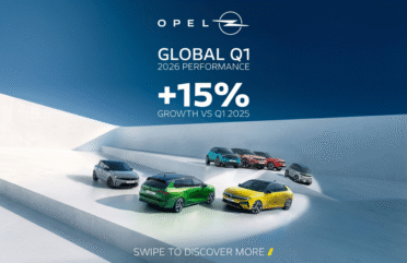 Графика с резултатите на Opel за първото тримесечие на 2026 г., показваща 15% ръст на продажбите и актуалната моделна гама на марката.